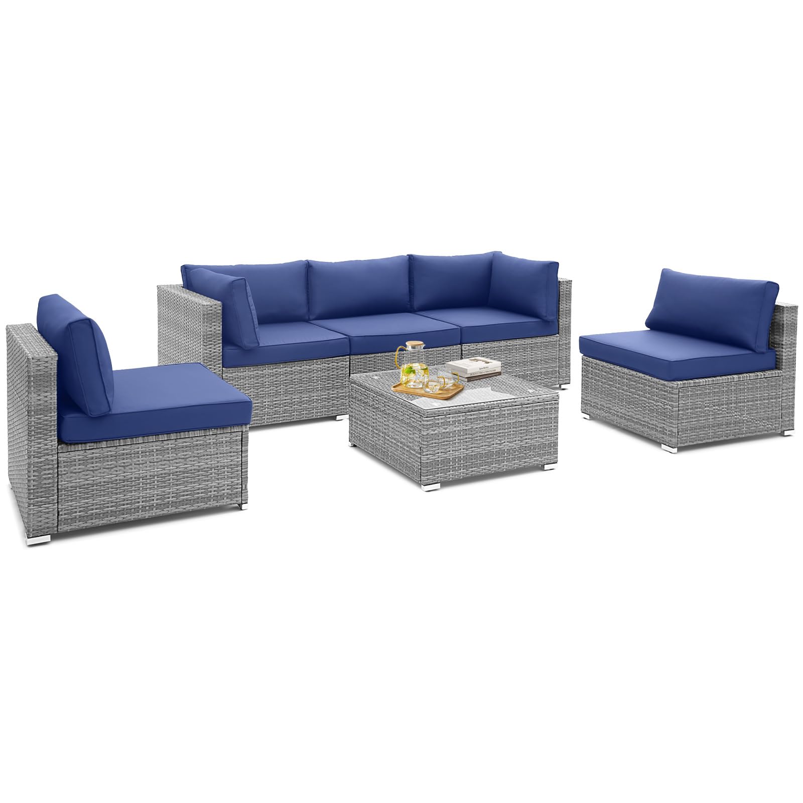 Ensemble de mobilier de jardin en osier avec table basse en verre trempé, coussins moelleux pour l'assise et le dossier